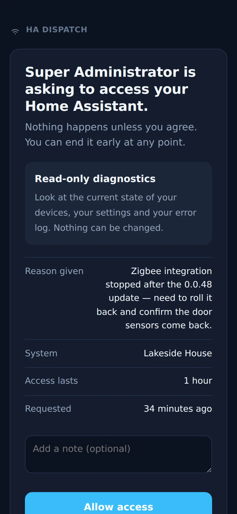 The consent page a homeowner receives: who is asking to access their Home Assistant, the read-only scope, the reason, that access lasts one hour, and Allow access or No, not now buttons