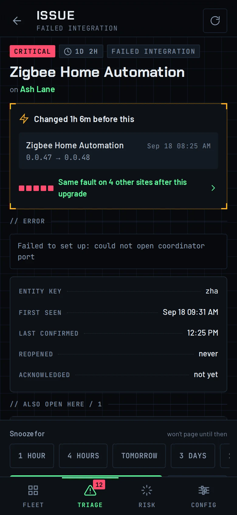 Issue screen: Zigbee Home Automation failed integration on Ash Lane, critical for 1 day 2 hours; changed 1h 6m before this: 0.0.47 to 0.0.48; same fault on 4 other sites